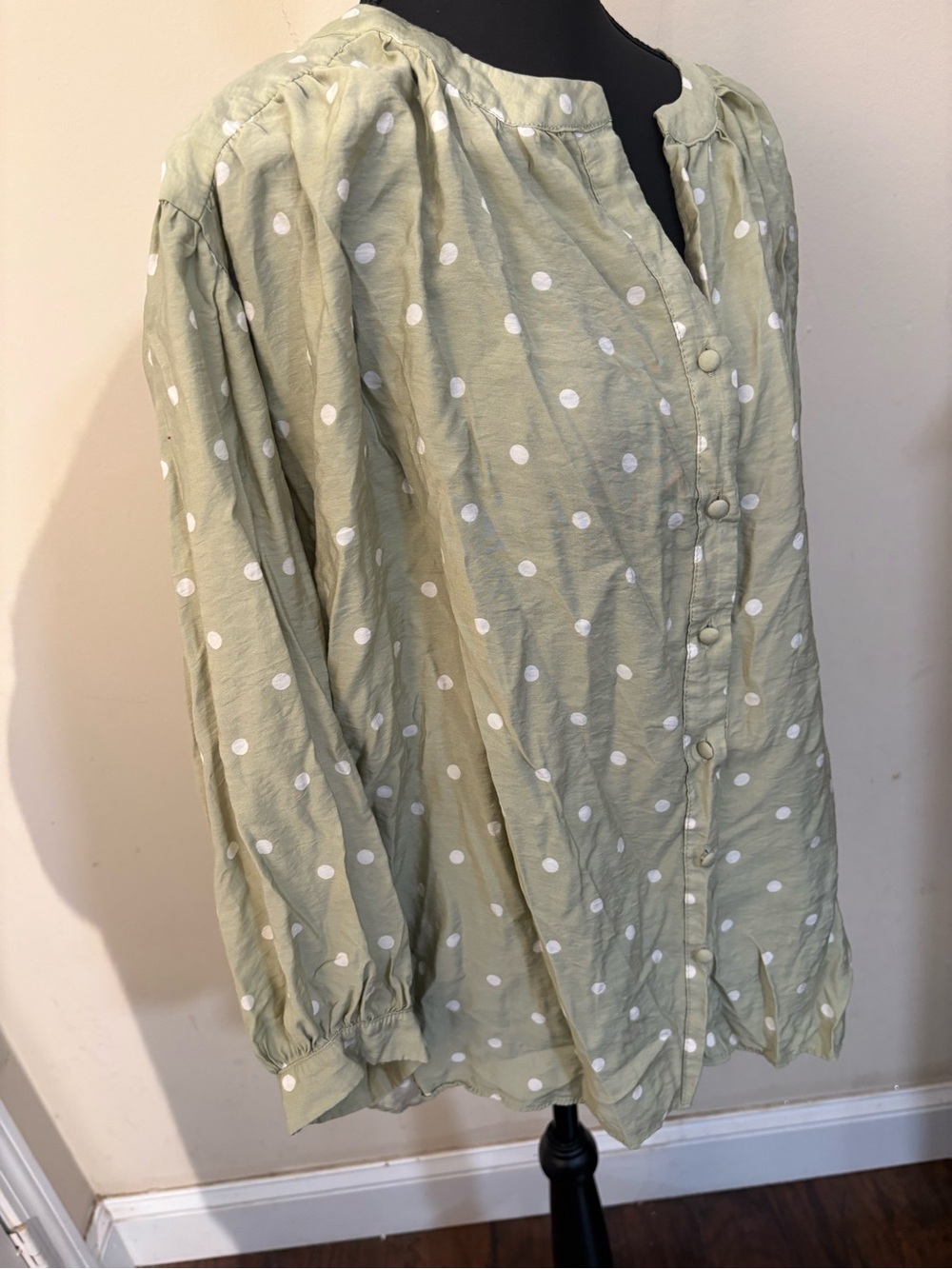 Rose & Olive Pale Sage Green Polka Dot Button-Front Blouse #boho-chic #festivals - Picture 5 of 13